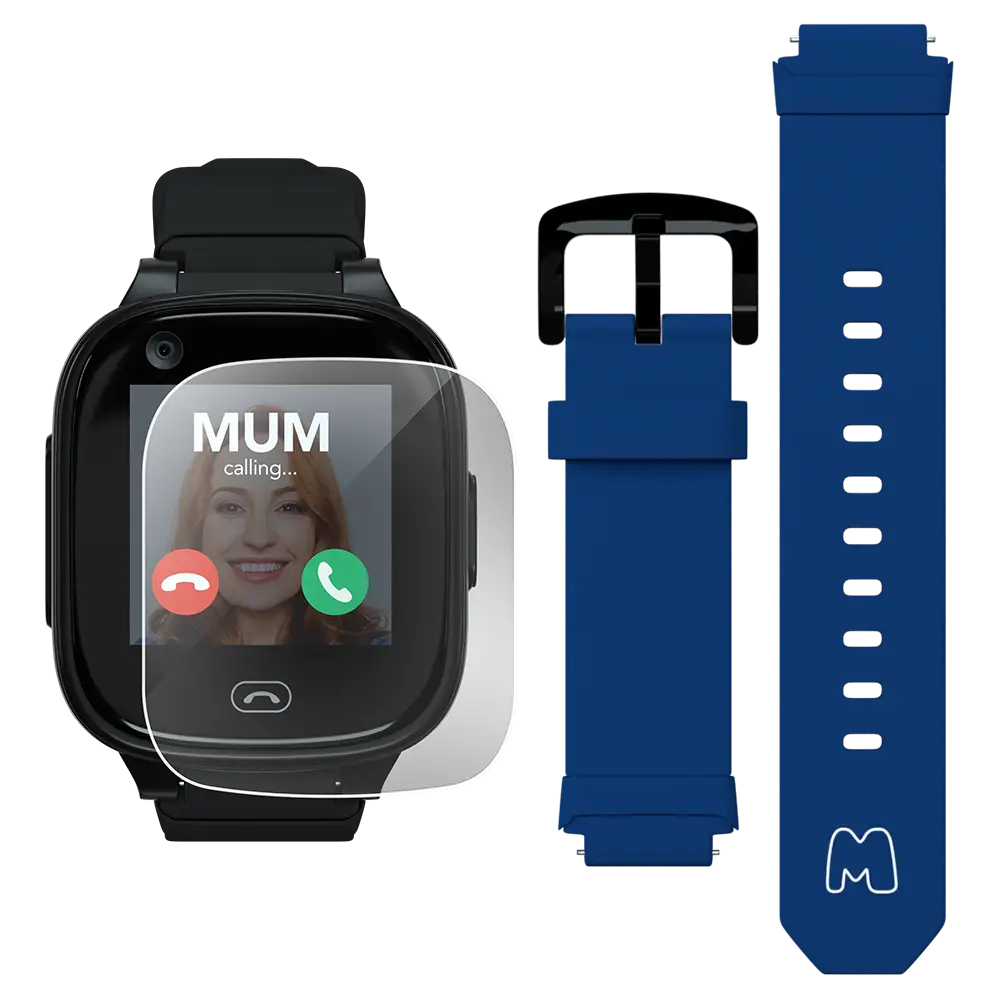 Bundle: Black Watch with Screen Protector and additional Navy Strap